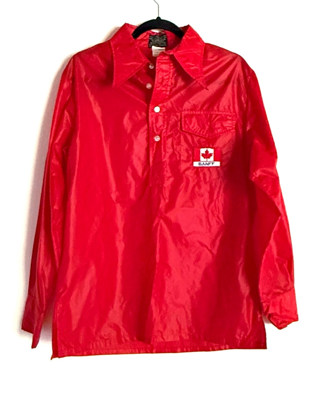 Vintage Retro Red Nylon Half Button Long Sleeve Banff Canada Pullover Shirt